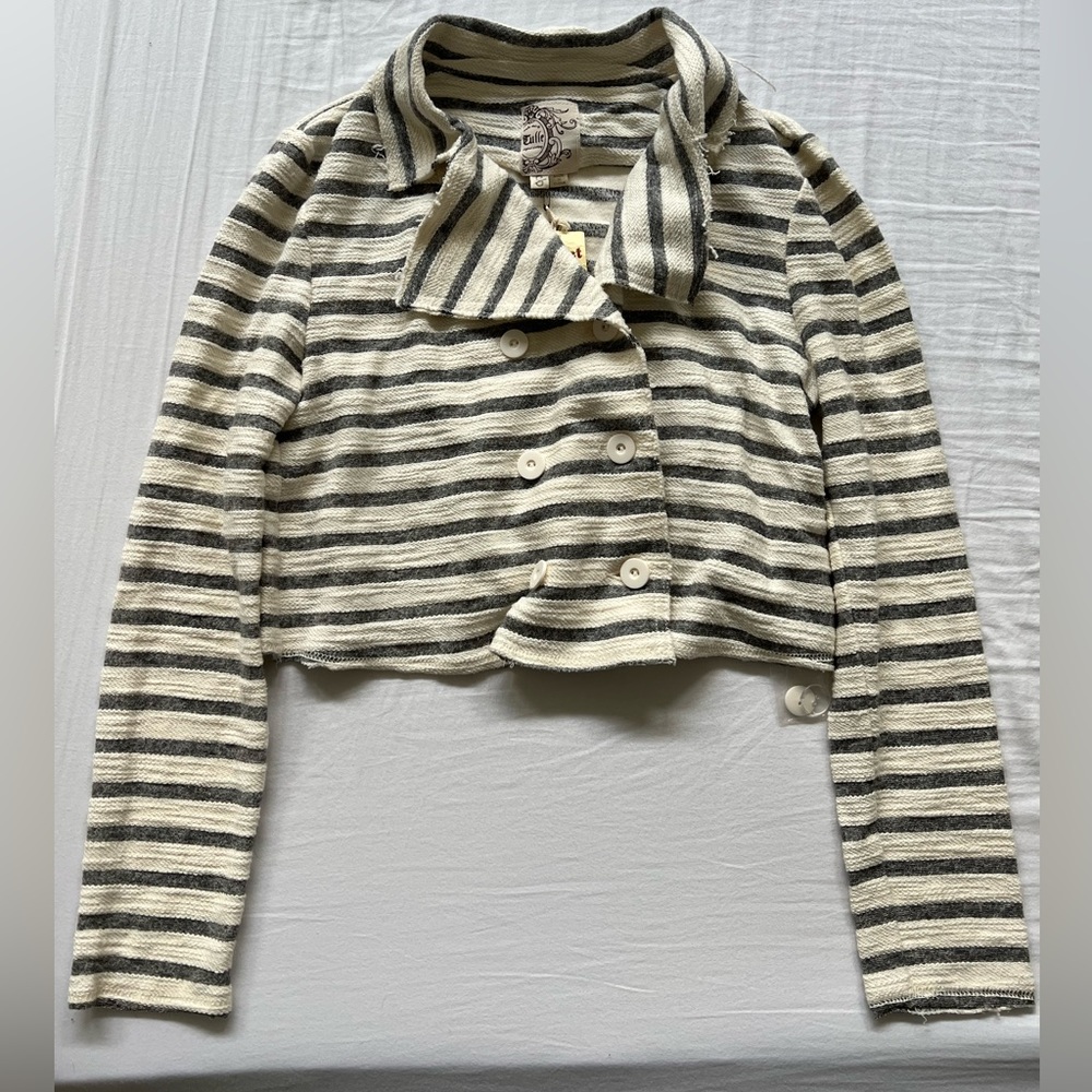 Gray & white stripe crop jacket, size S, Tulle
